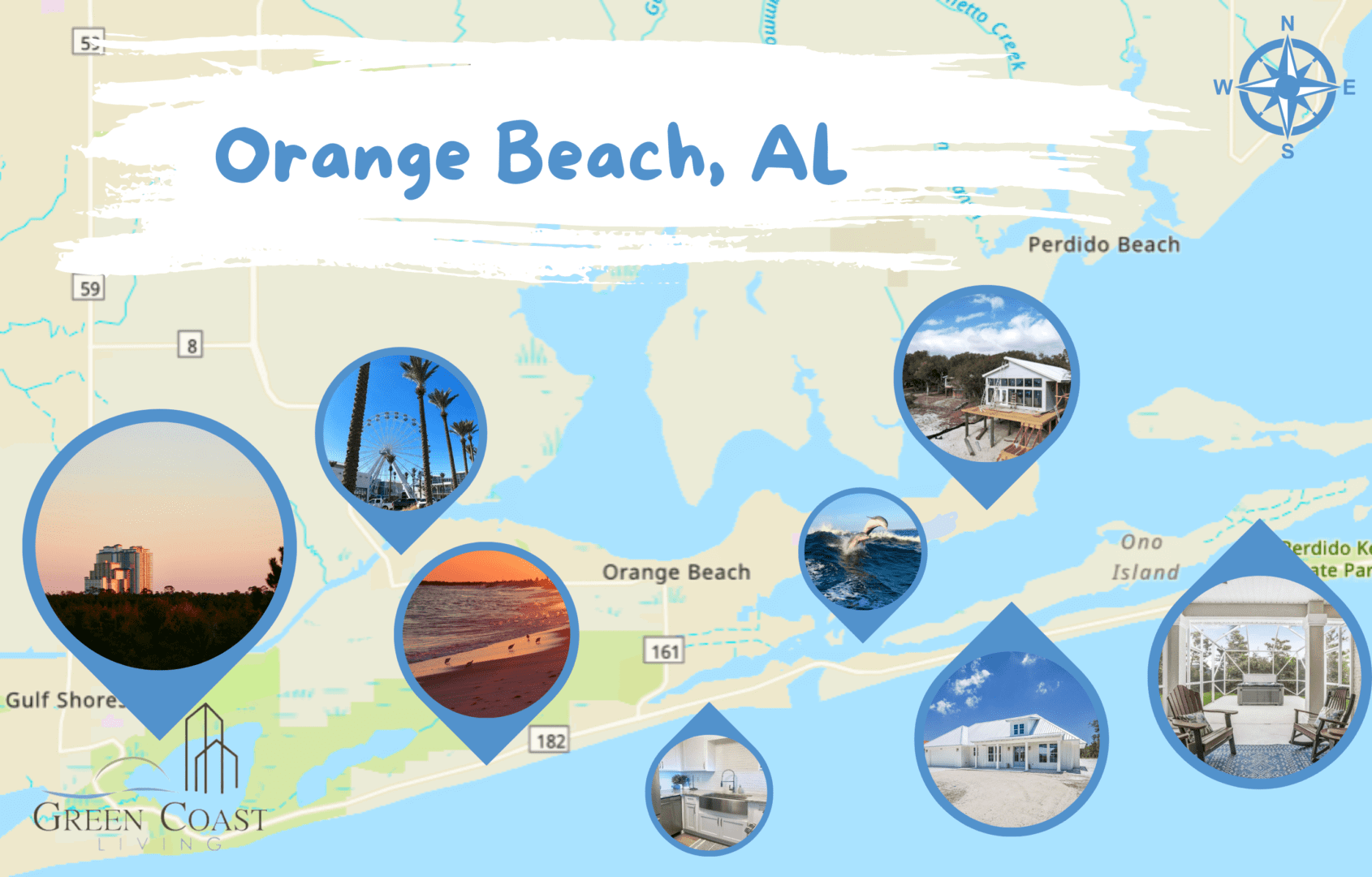 Map of Orange Beach, Alabama, featuring Green Coast Living home building and remodeling projects.