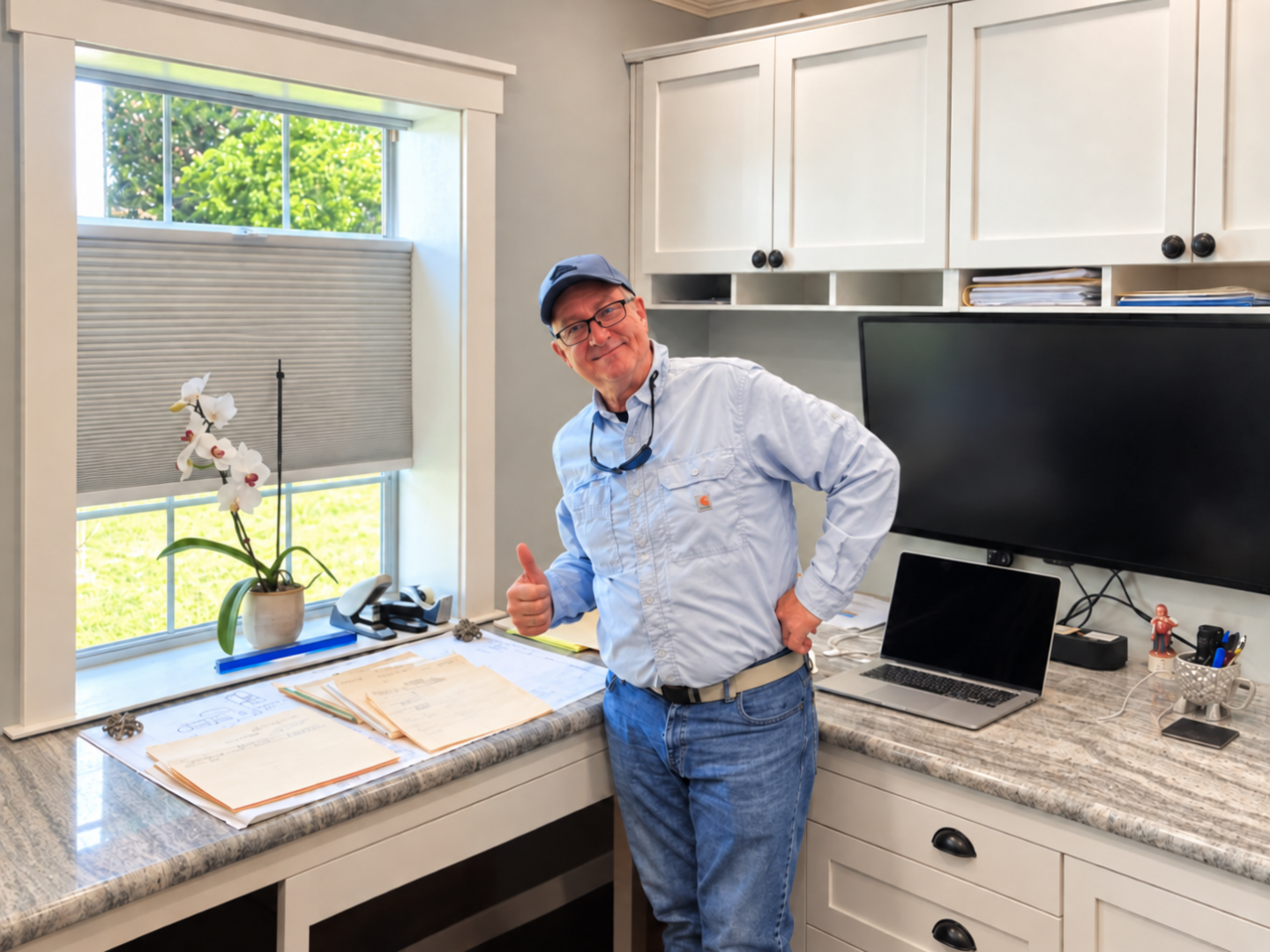 Green Coast Living owner Lance Lamb standing beside building plans in his office.