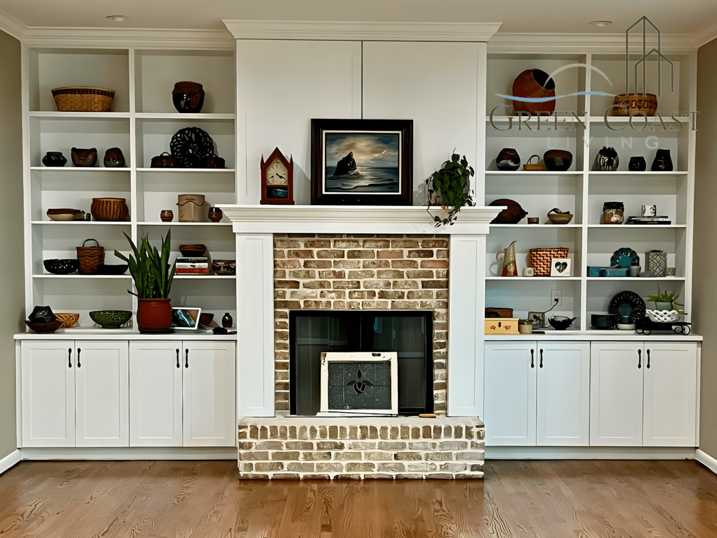 Fireplace-Hardwood-Floor-Brick-Surround-Built-In-Cabinets